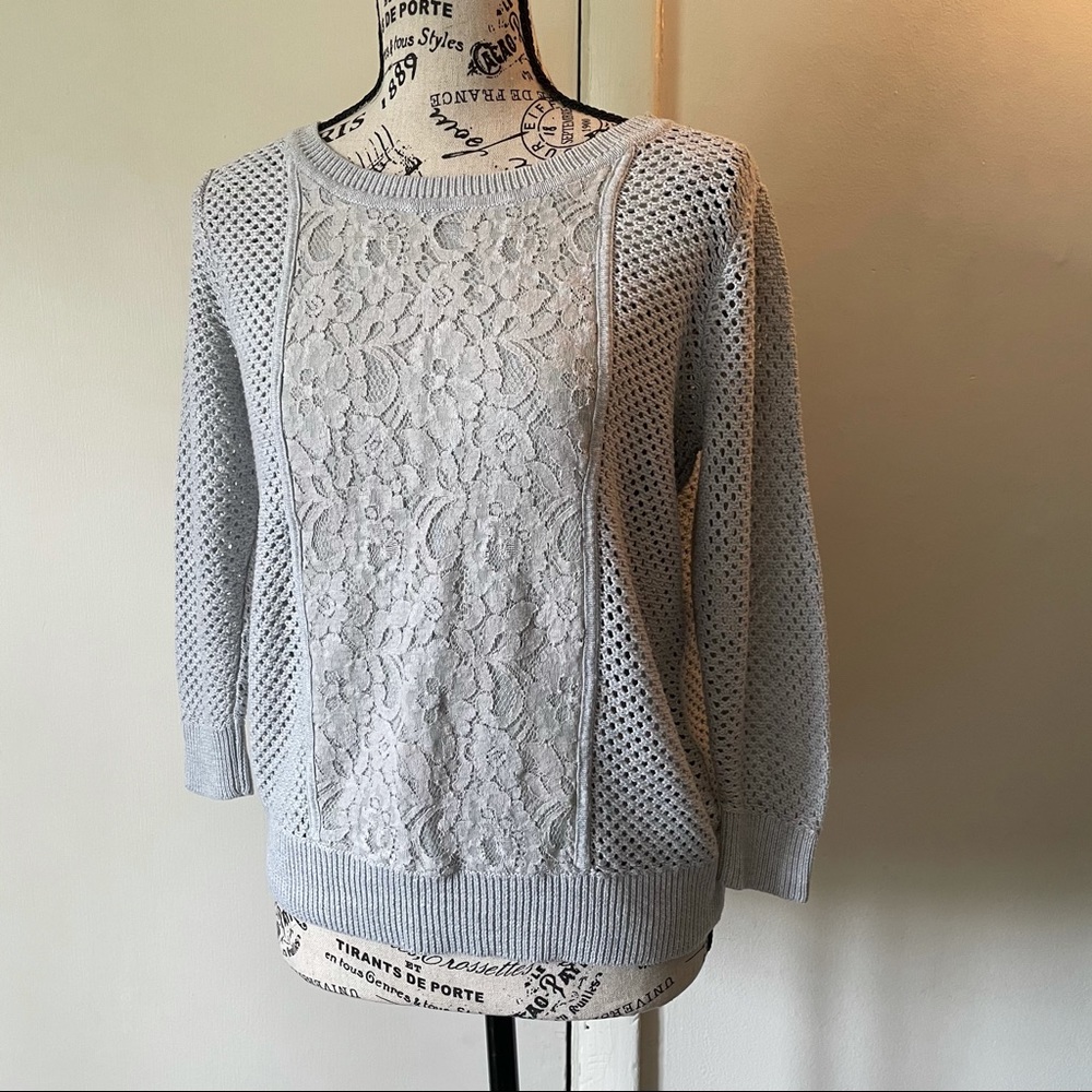 Apt 9 gray lace and crocheted mesh sweater sz L